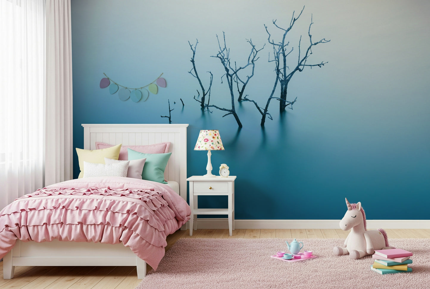 A graceful subtle pattern wall mural in cool, tranquil tones.