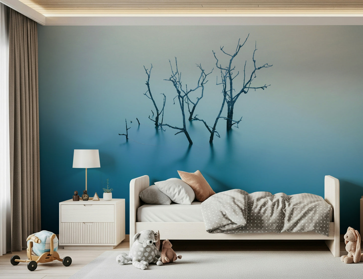 A serene flowing design wall mural in cool, aqueous tones.