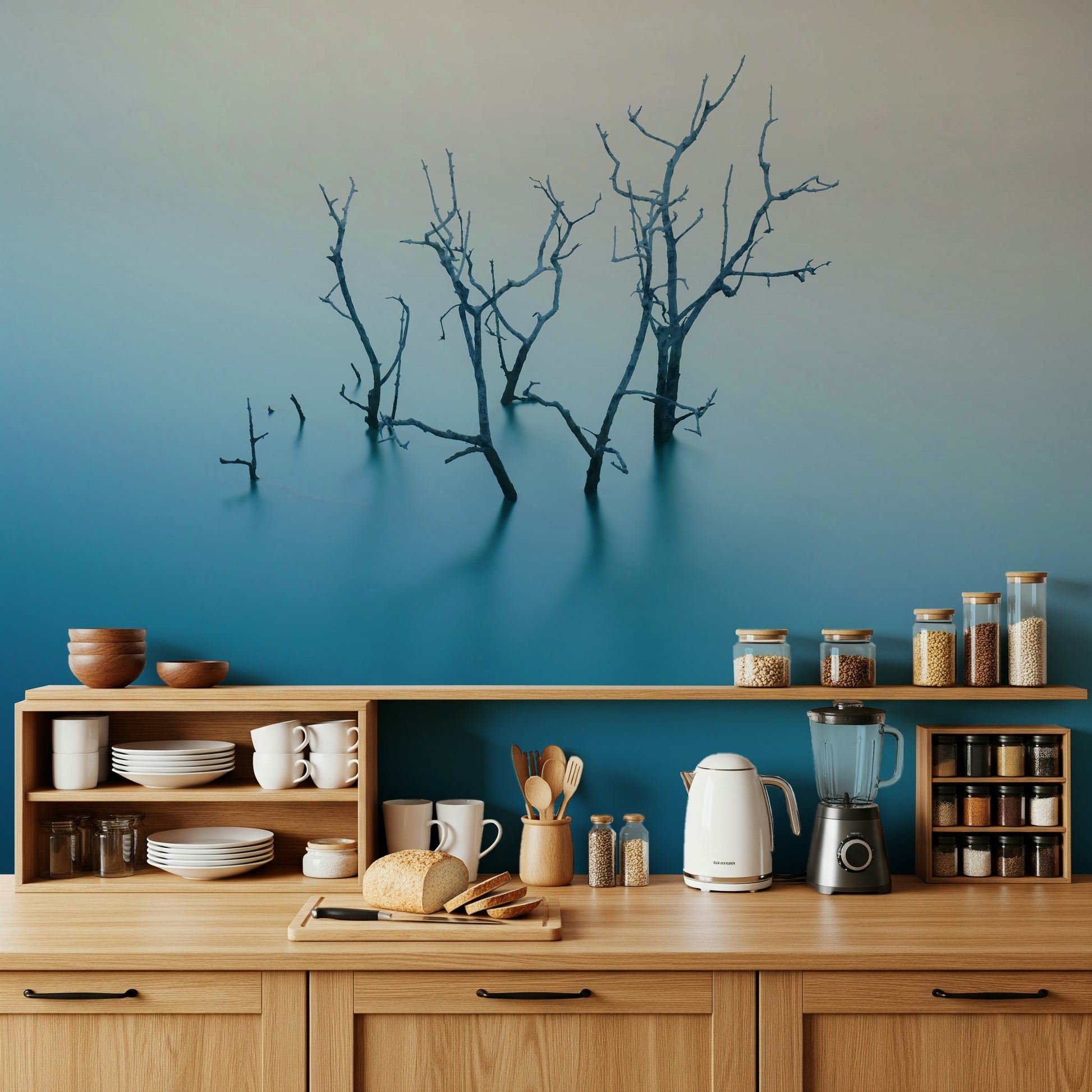 An artistic soft focus mural on minimalist wallpaper.