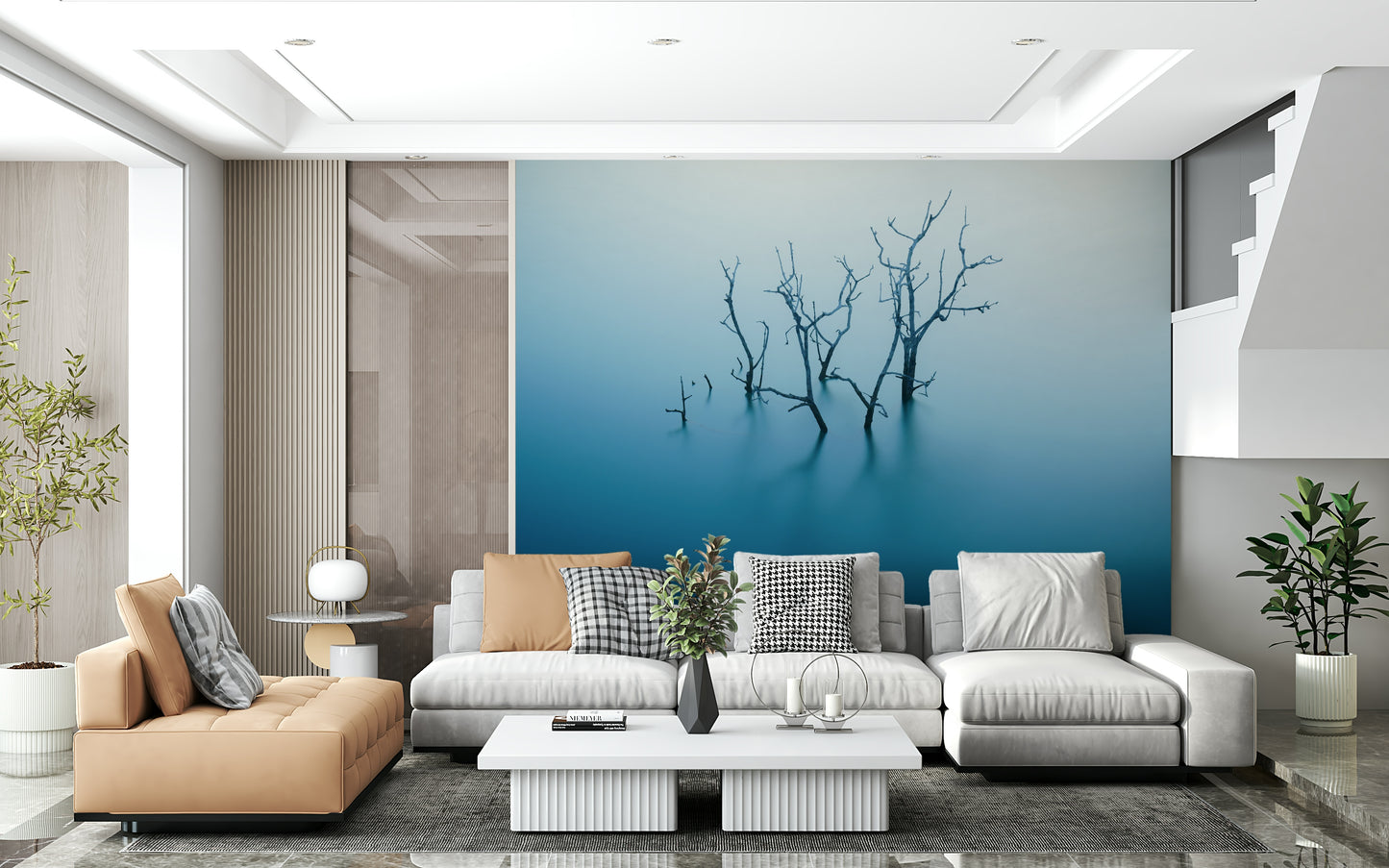 A peaceful modern abstract mural on decorative wallpaper.