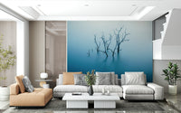 A peaceful modern abstract mural on decorative wallpaper.