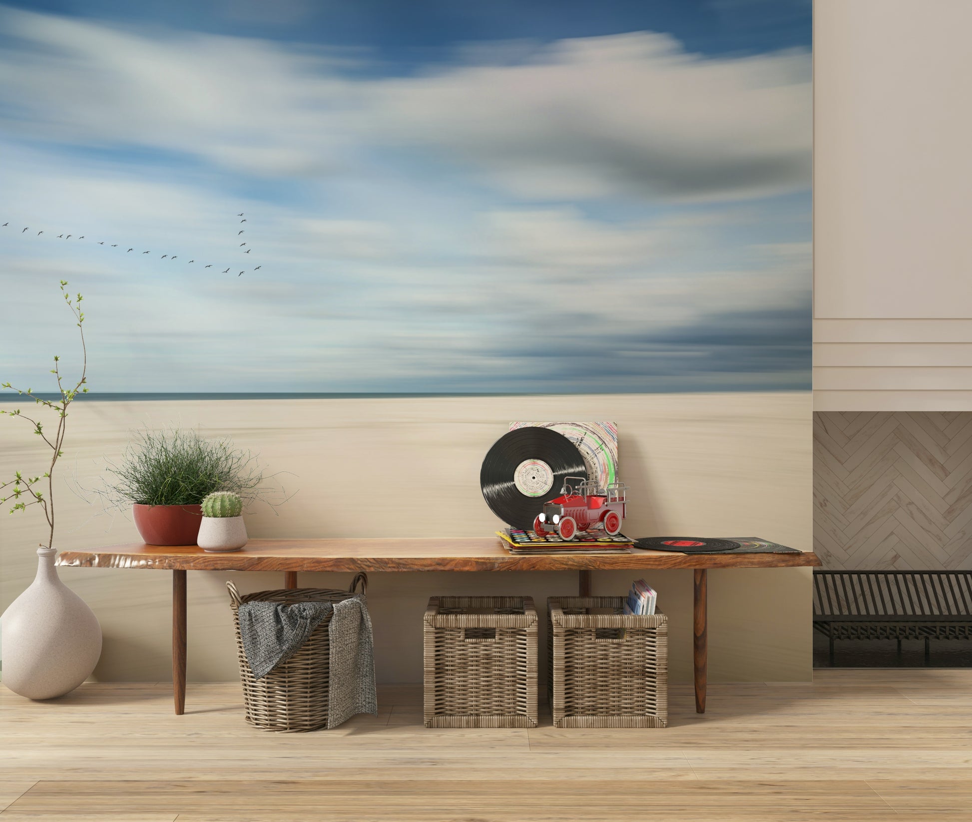 A peaceful modern abstract mural on decorative wallpaper.