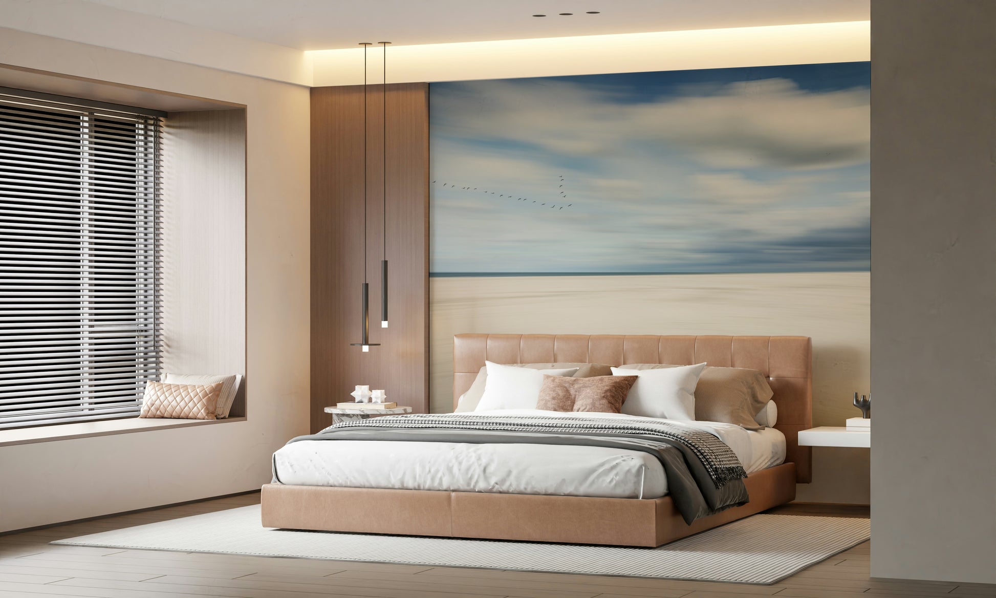 A calming abstract design wallpaper mural that defines a space.