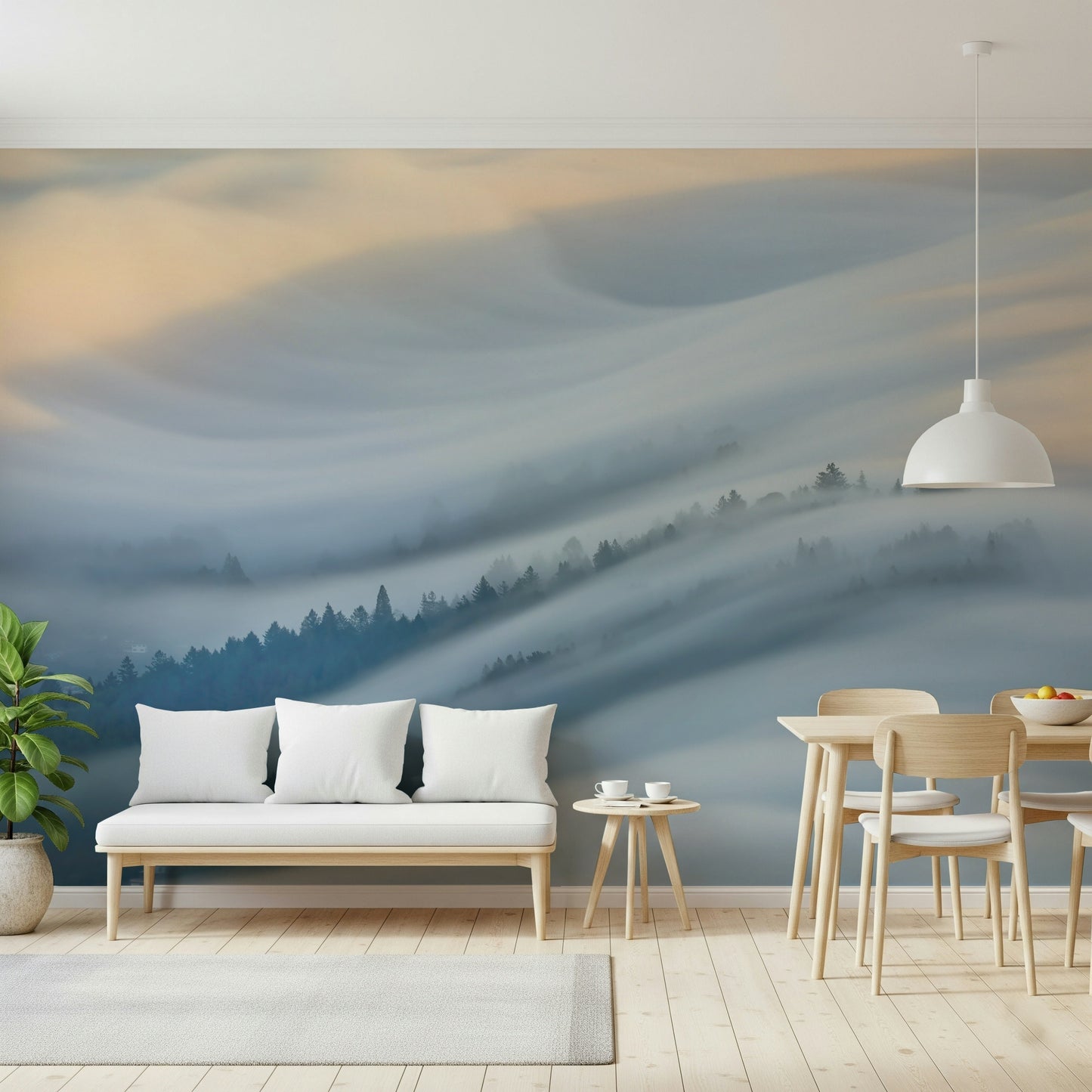 A beautiful subtle landscape wallpaper mural with a cloud veil effect.