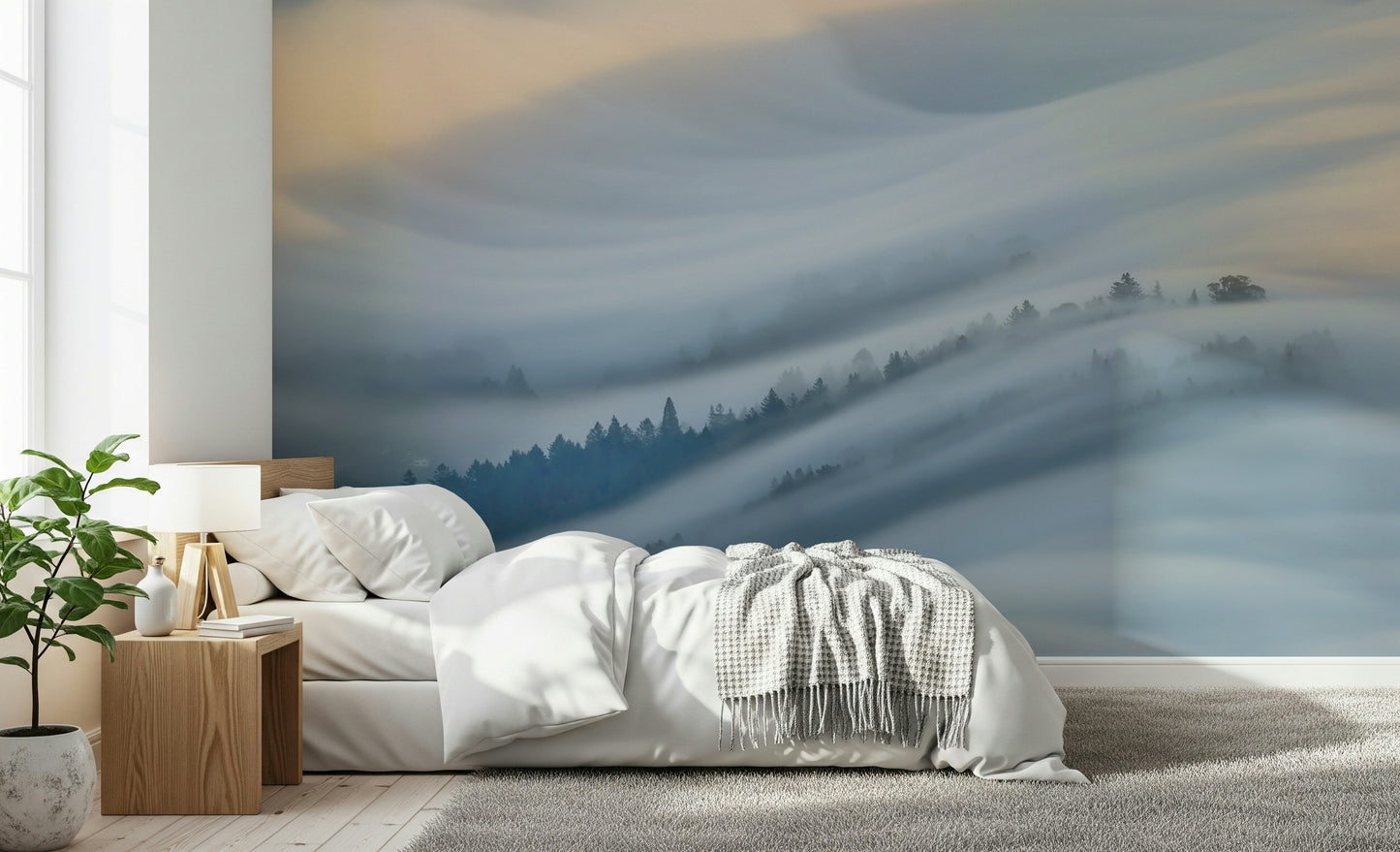 A peaceful open country mural on decorative wallpaper.