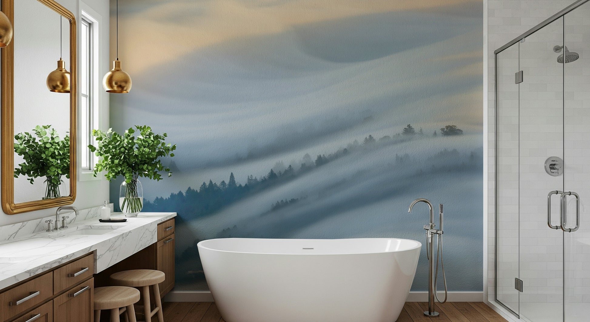 A beautiful wide-angle wall mural of a misty landscape.