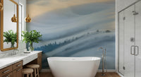 A beautiful wide-angle wall mural of a misty landscape.