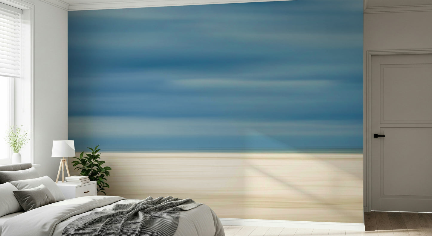 A peaceful modern abstract mural on decorative wallpaper.