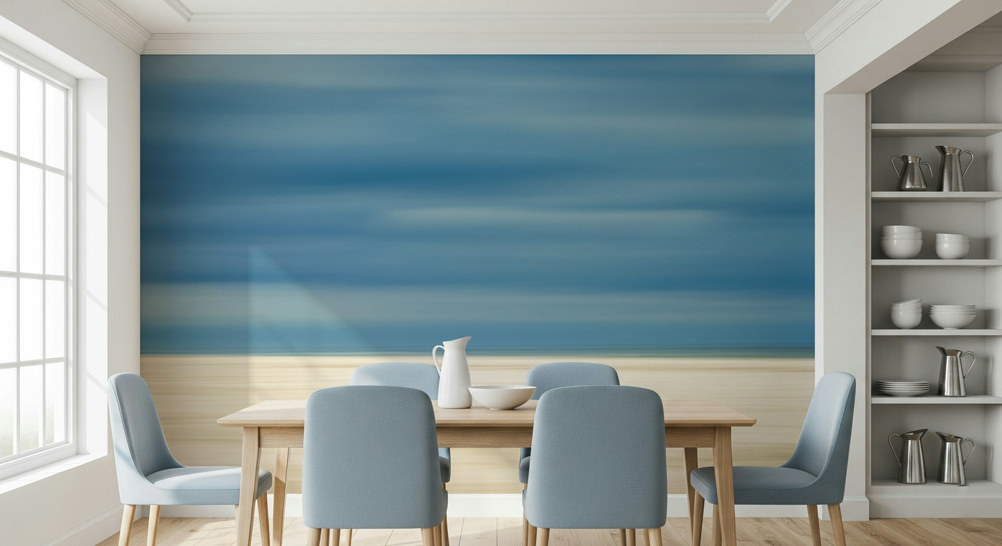 An artistic soft focus seascape mural on minimalist wallpaper.