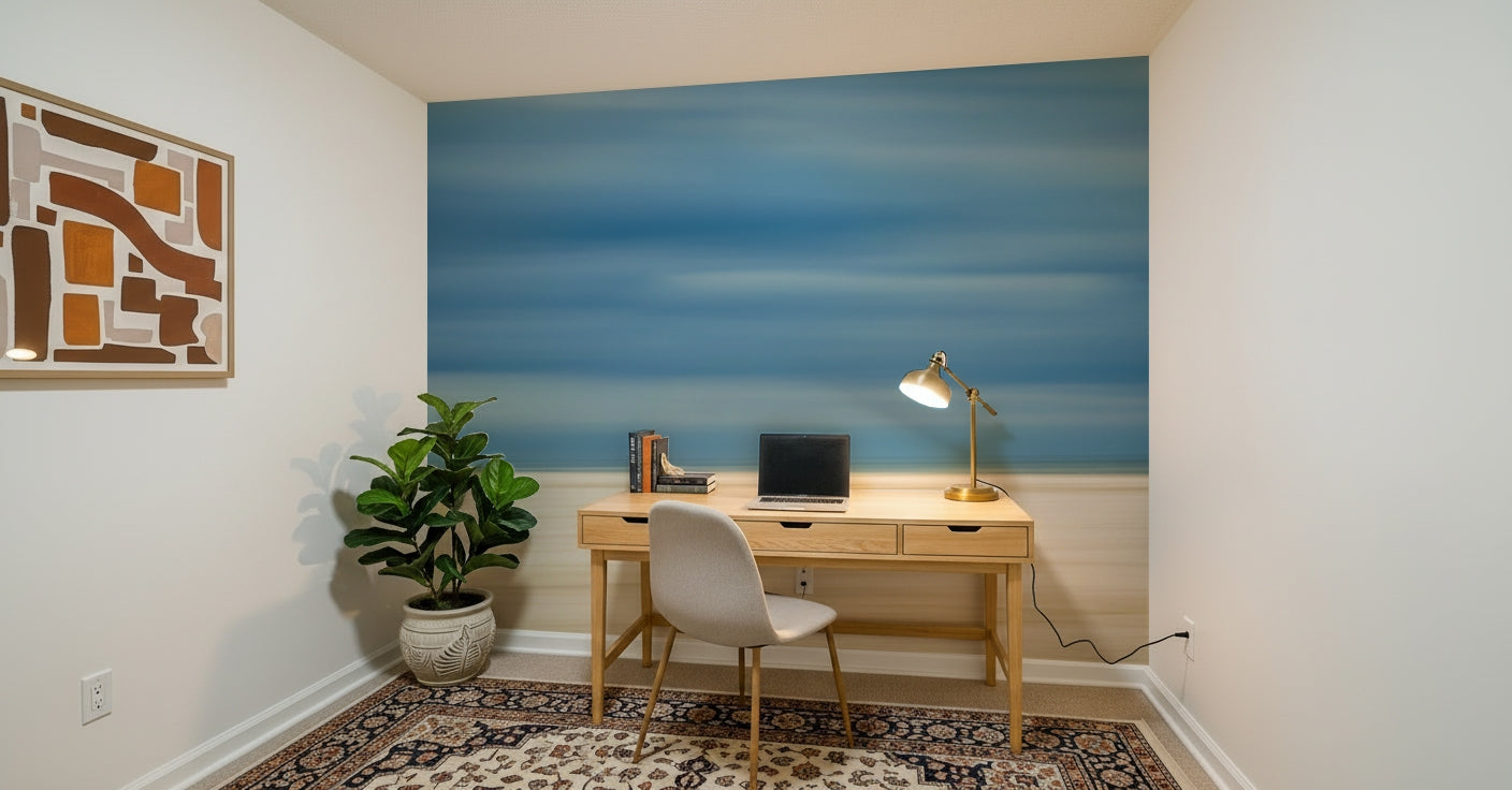 A calming underwater design wallpaper mural that defines a space.