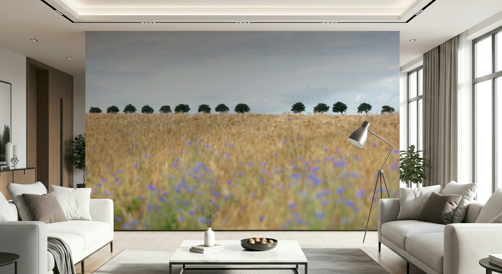 An artistic sunlit field mural on minimalist wallpaper.