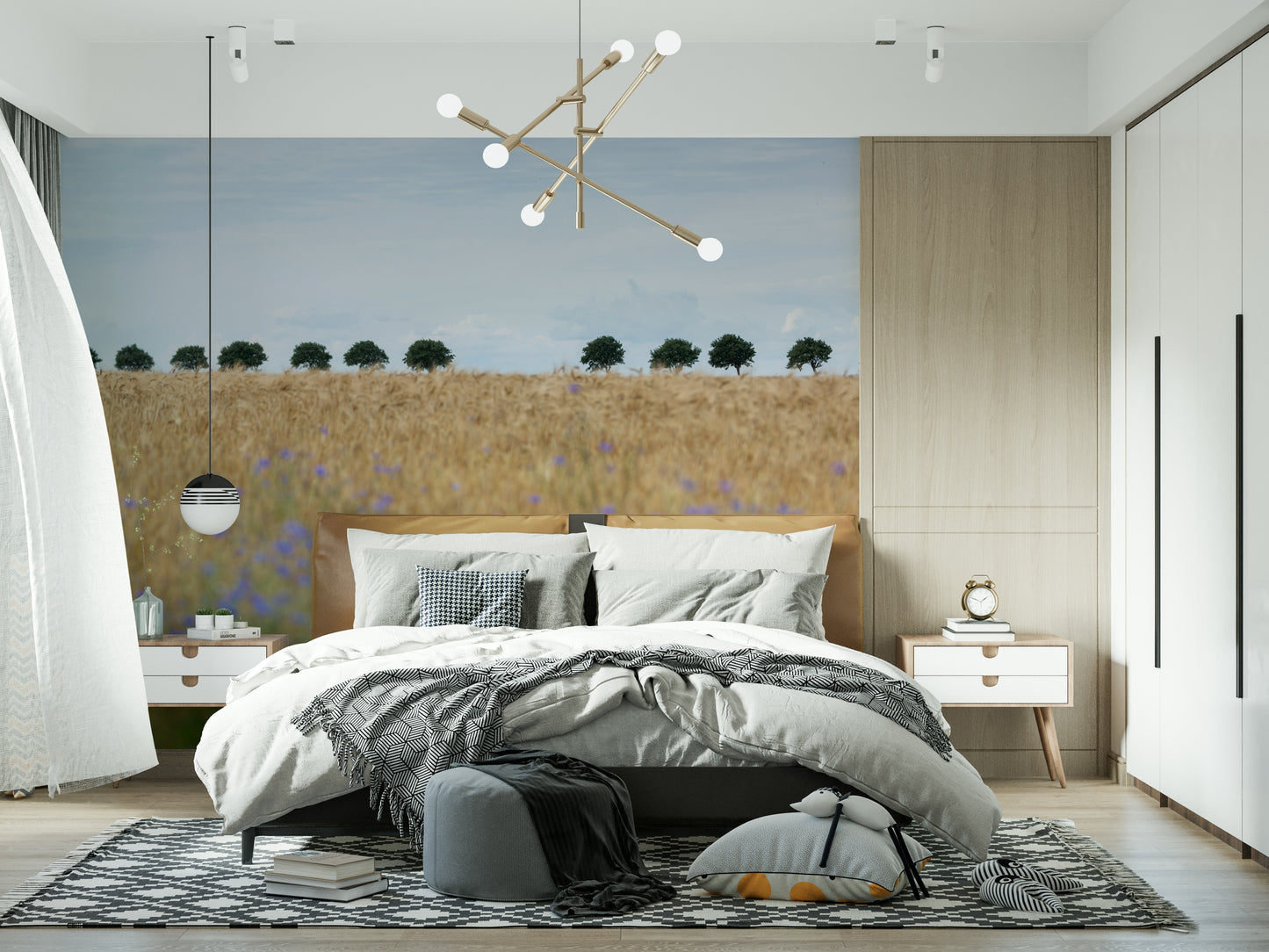 A peaceful open country mural on decorative wallpaper.
