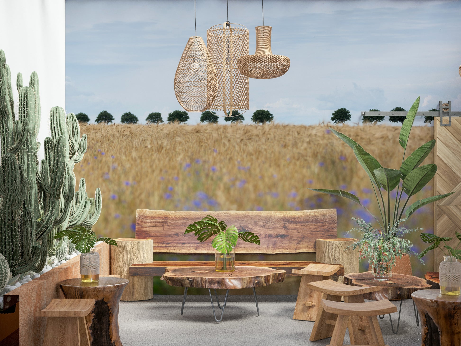 A calming serene field wallpaper mural that defines a space.