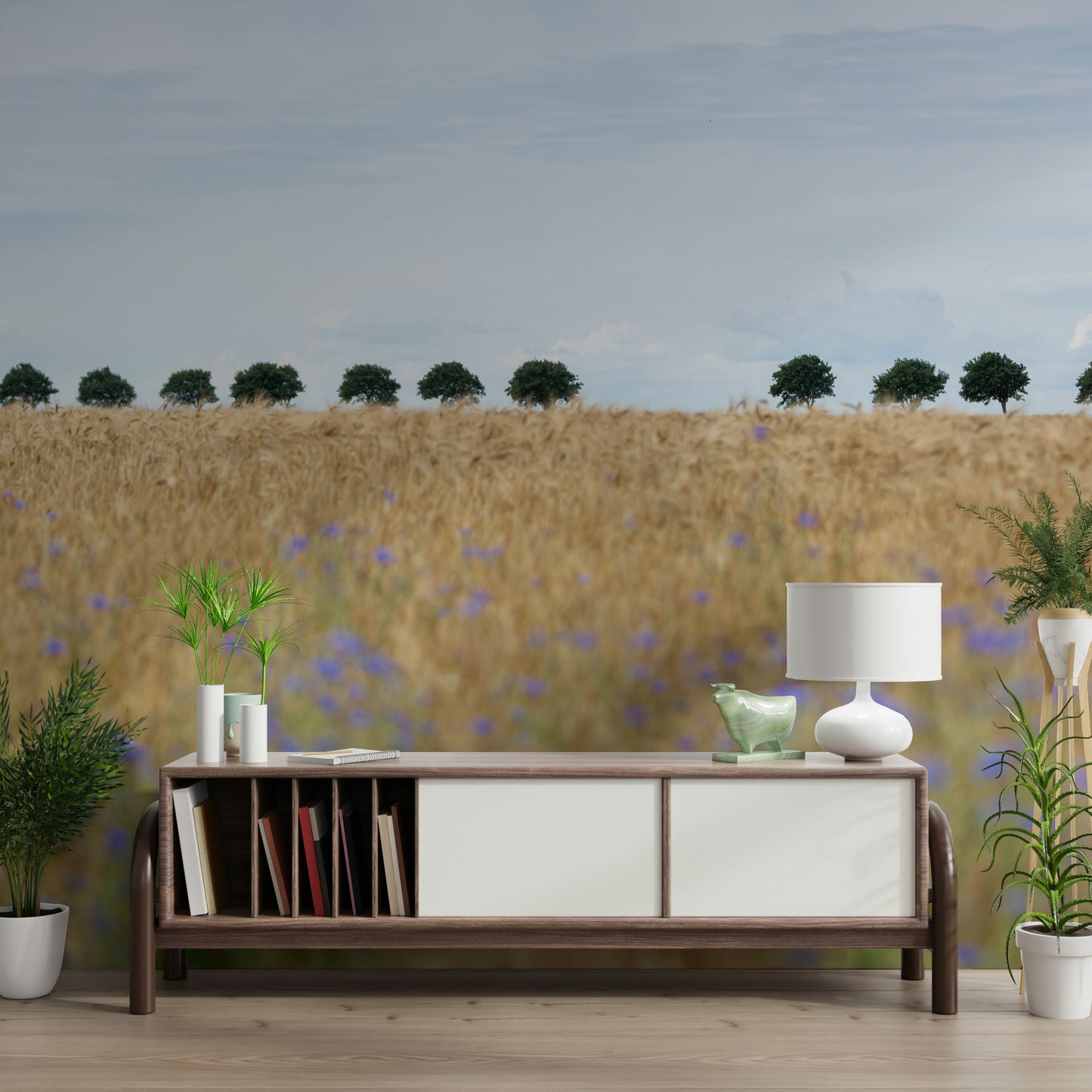A beautiful wide-angle wall mural of a peaceful field.
