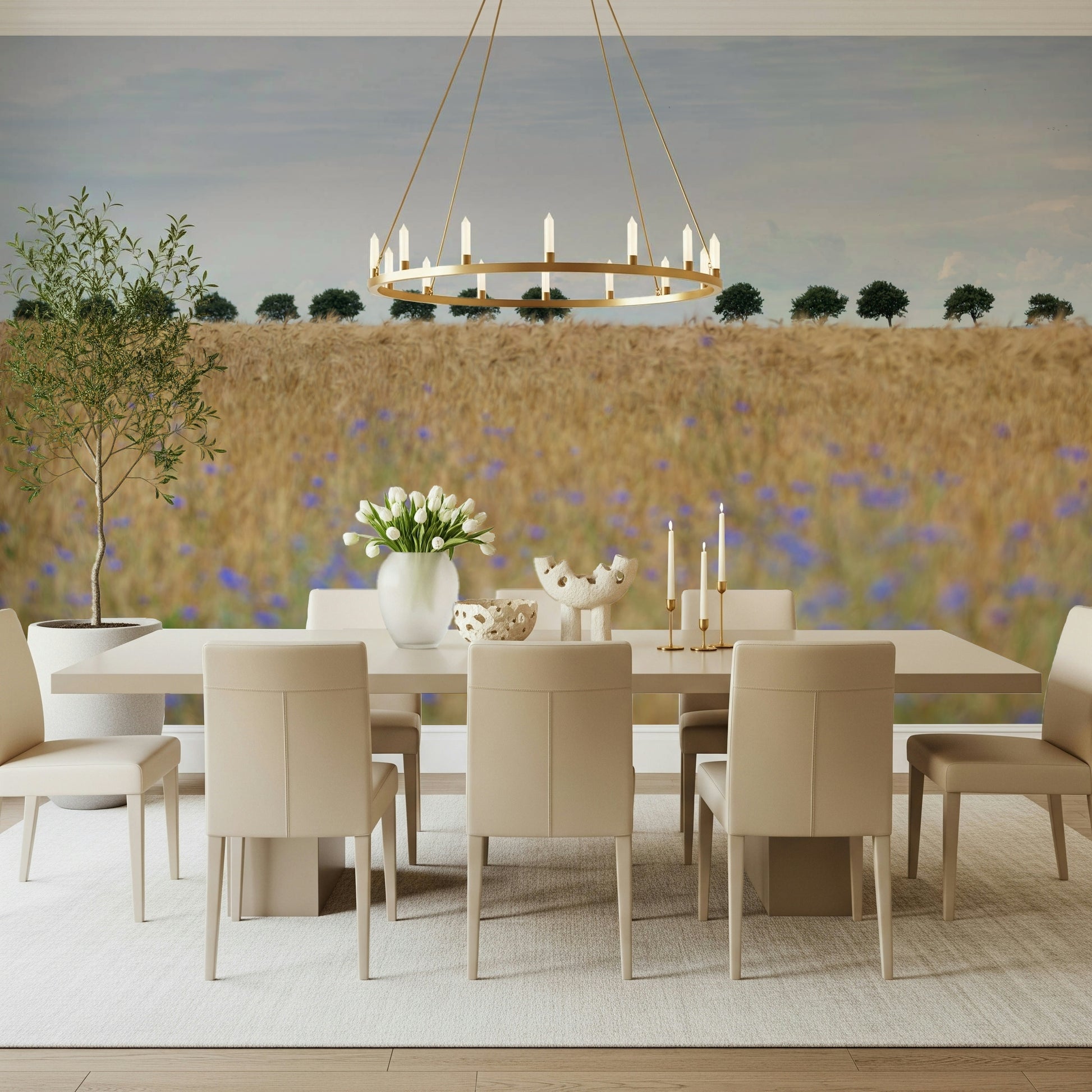 A graceful subtle grass wall mural in warm, natural tones.