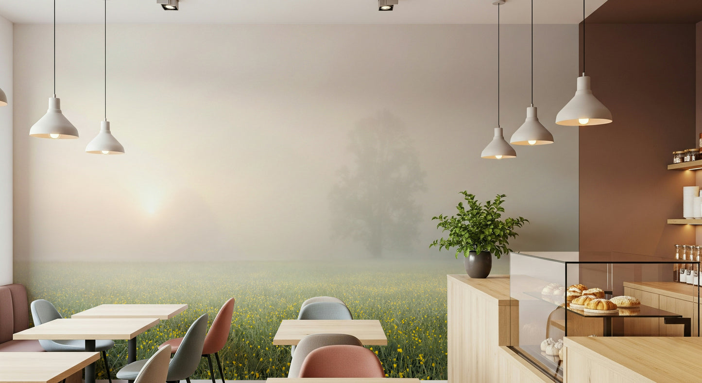 A peaceful meadow vista mural on decorative wallpaper.