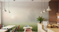 A peaceful meadow vista mural on decorative wallpaper.