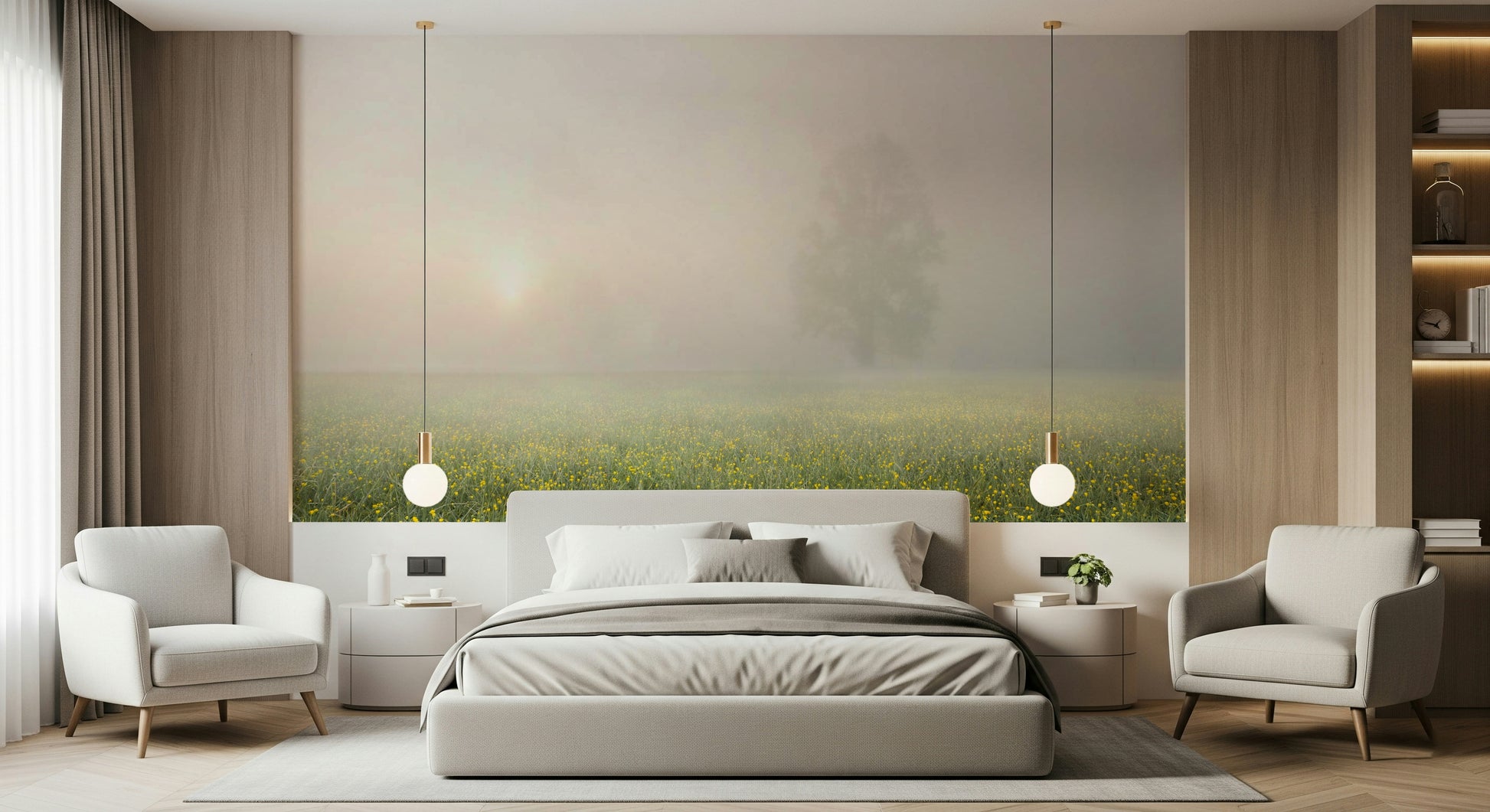 A graceful subtle flower wall mural in soft, tranquil tones.