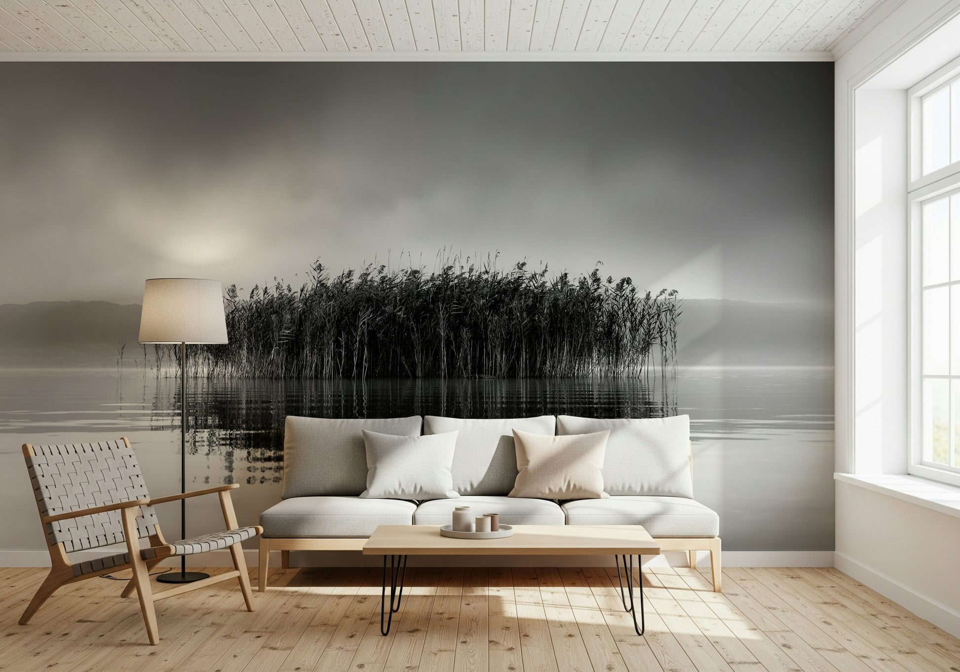 A beautiful abstract wallpaper mural with subtle, reflective patterns suggesting water or light.