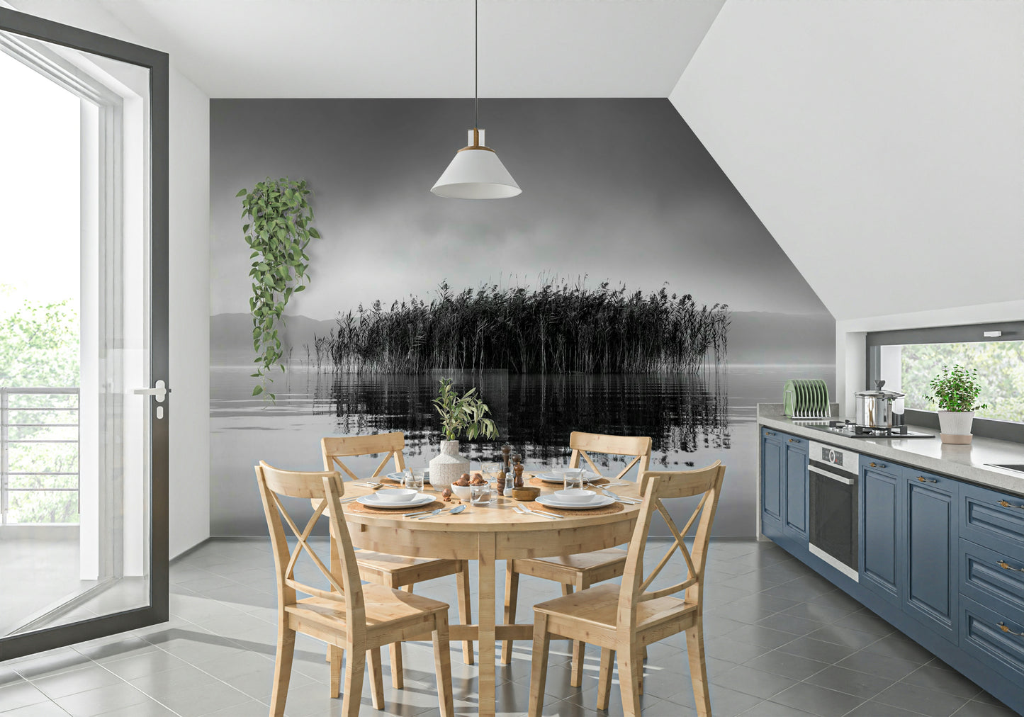 A graceful subtle pattern wall mural in cool, tranquil tones.