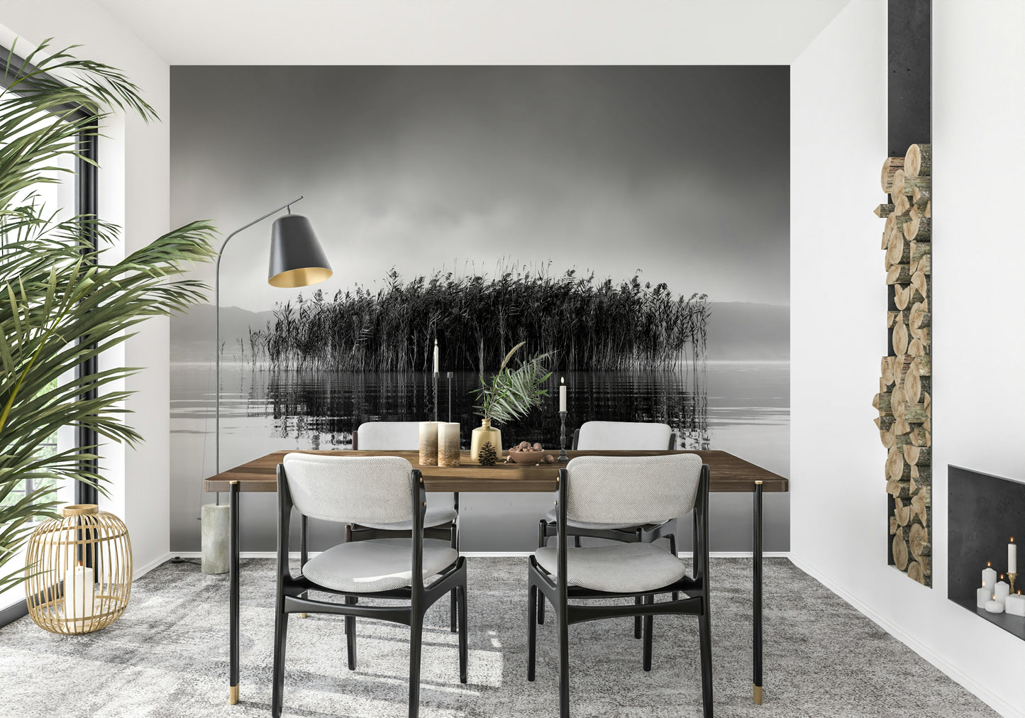 A peaceful modern abstract mural on decorative wallpaper.