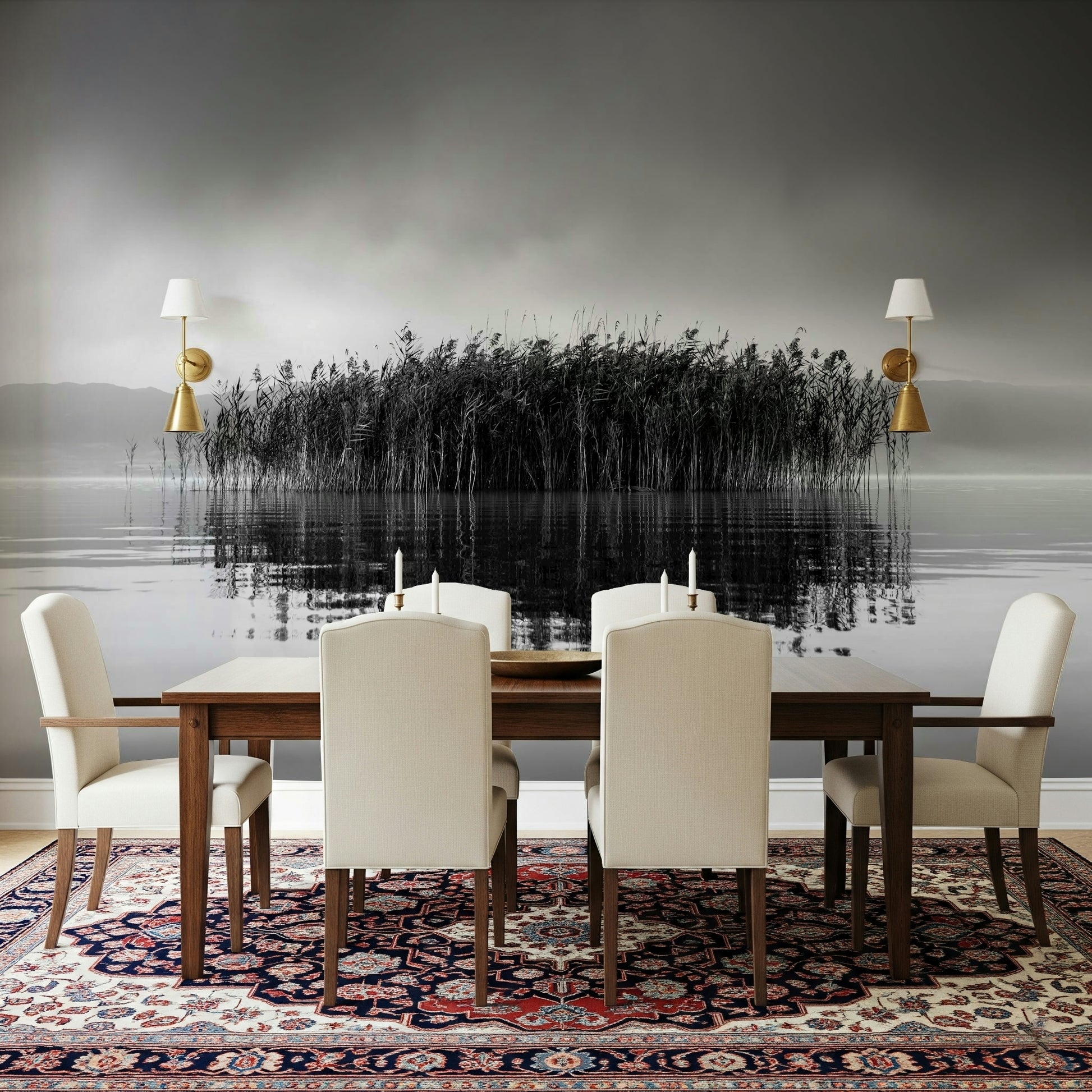 A calming abstract design wallpaper mural that defines a space.
