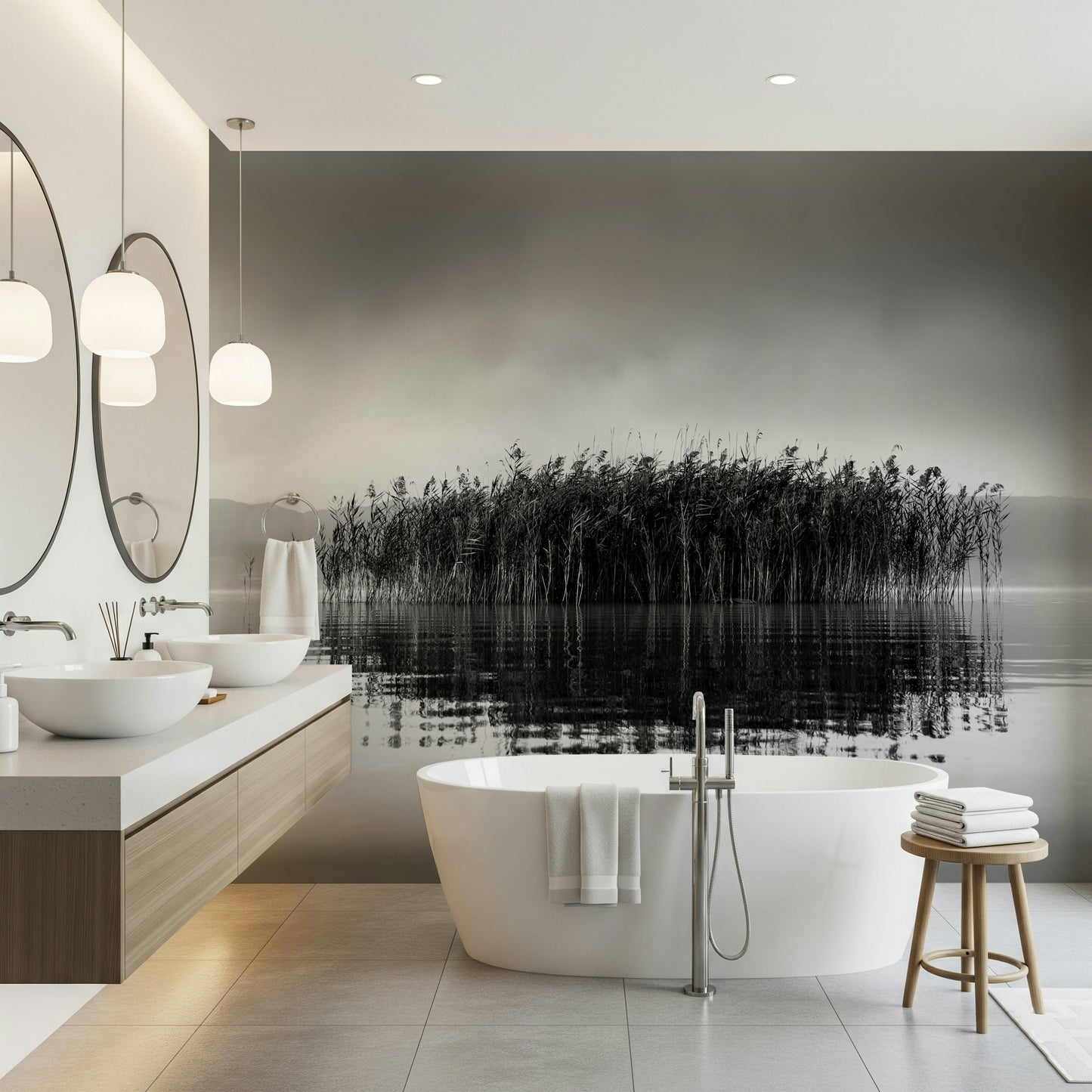 A serene flowing design wall mural for contemplative decor.