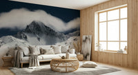 An artistic scenic landscape mural on minimalist wallpaper.