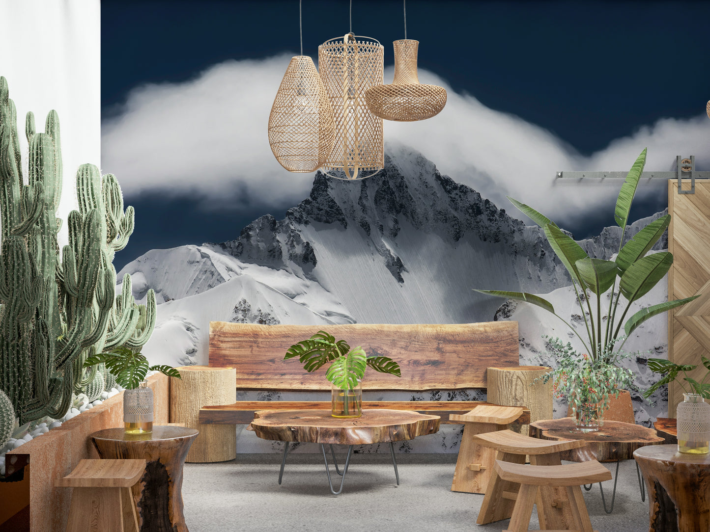 A calming serene mountain wallpaper mural that defines a space.