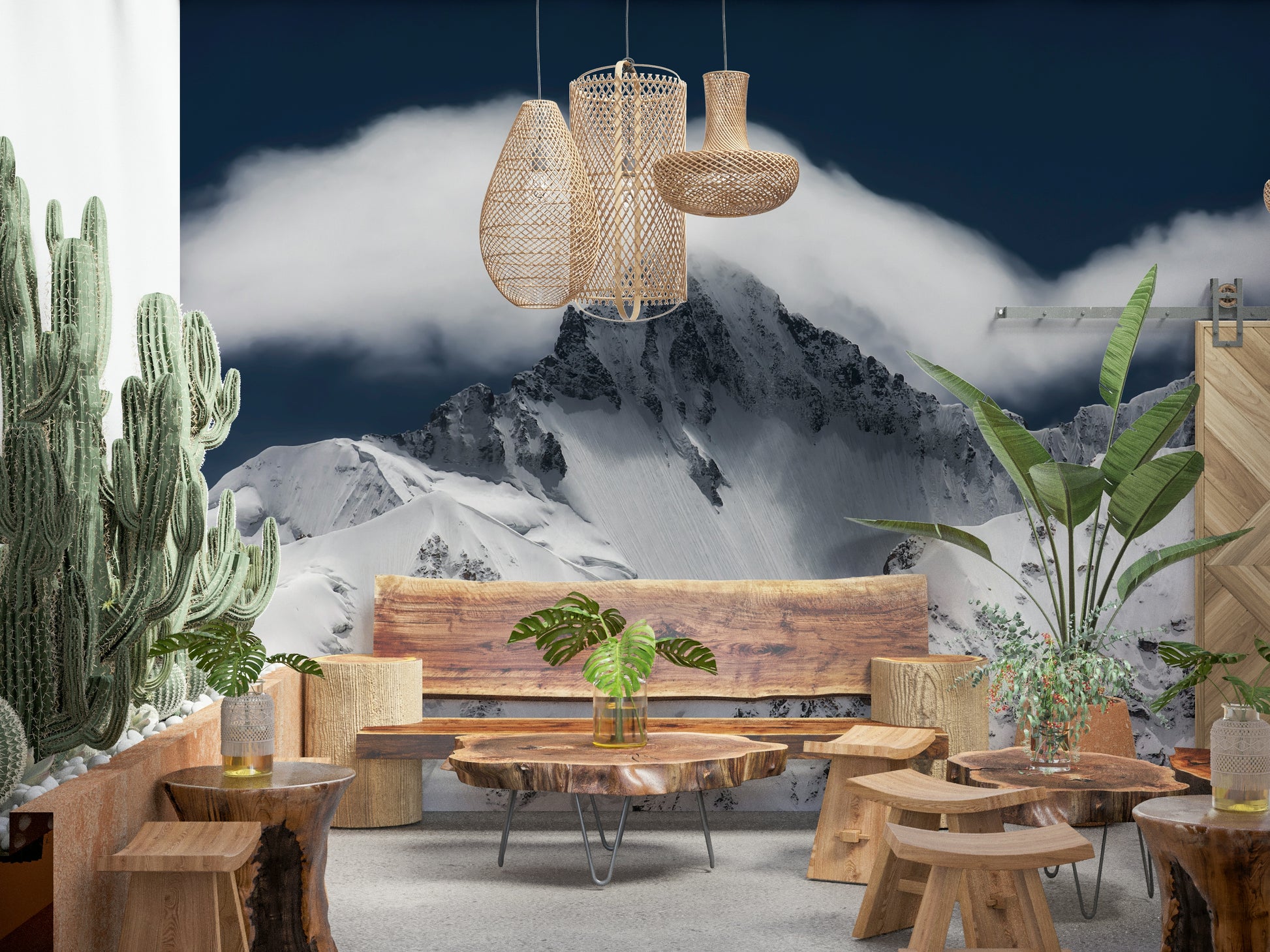 A calming serene mountain wallpaper mural that defines a space.