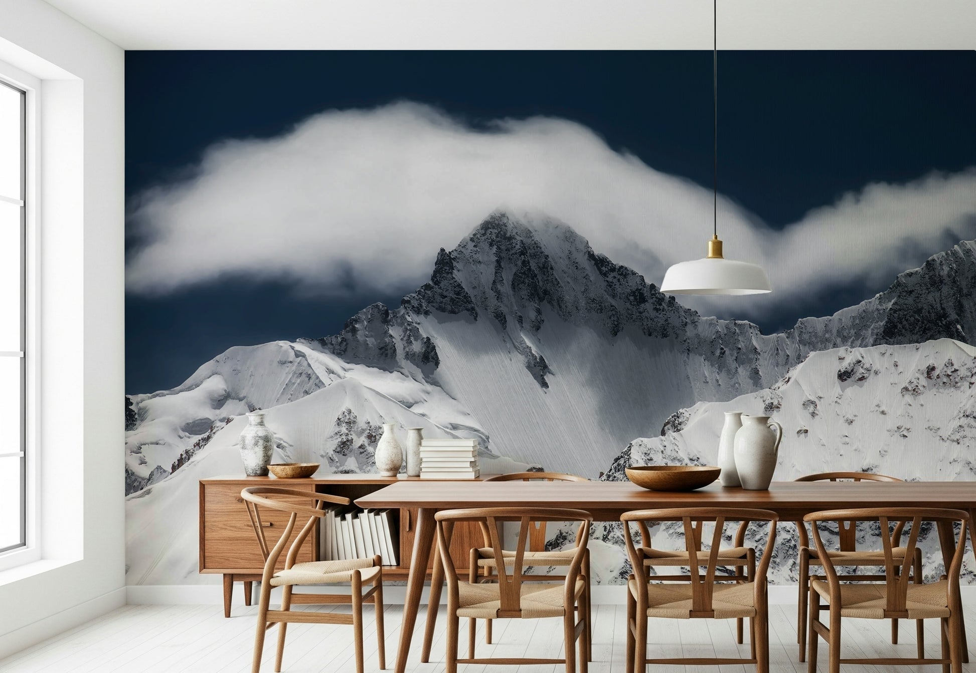 A beautiful summit cloudveil wallpaper mural with peaks obscured by mist.