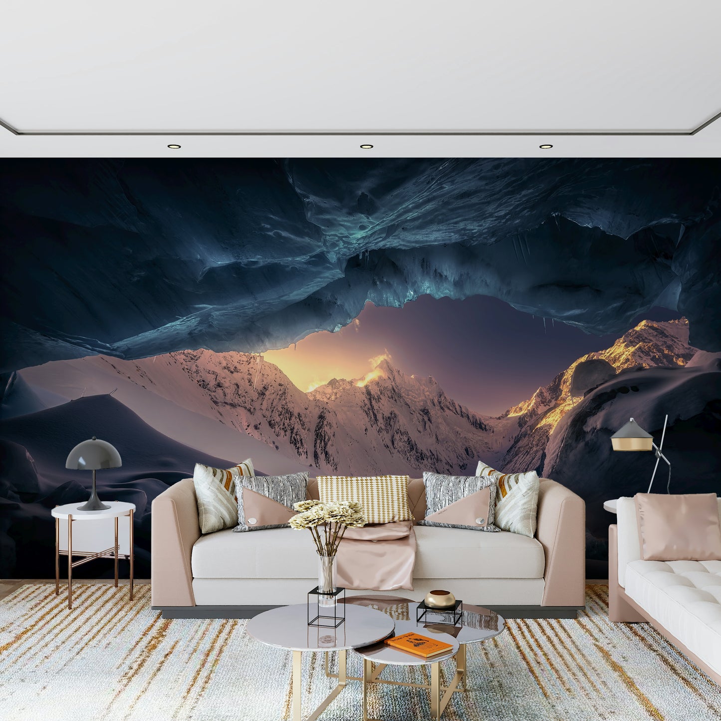 A peaceful open country mural on decorative wallpaper.