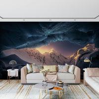 A peaceful open country mural on decorative wallpaper.