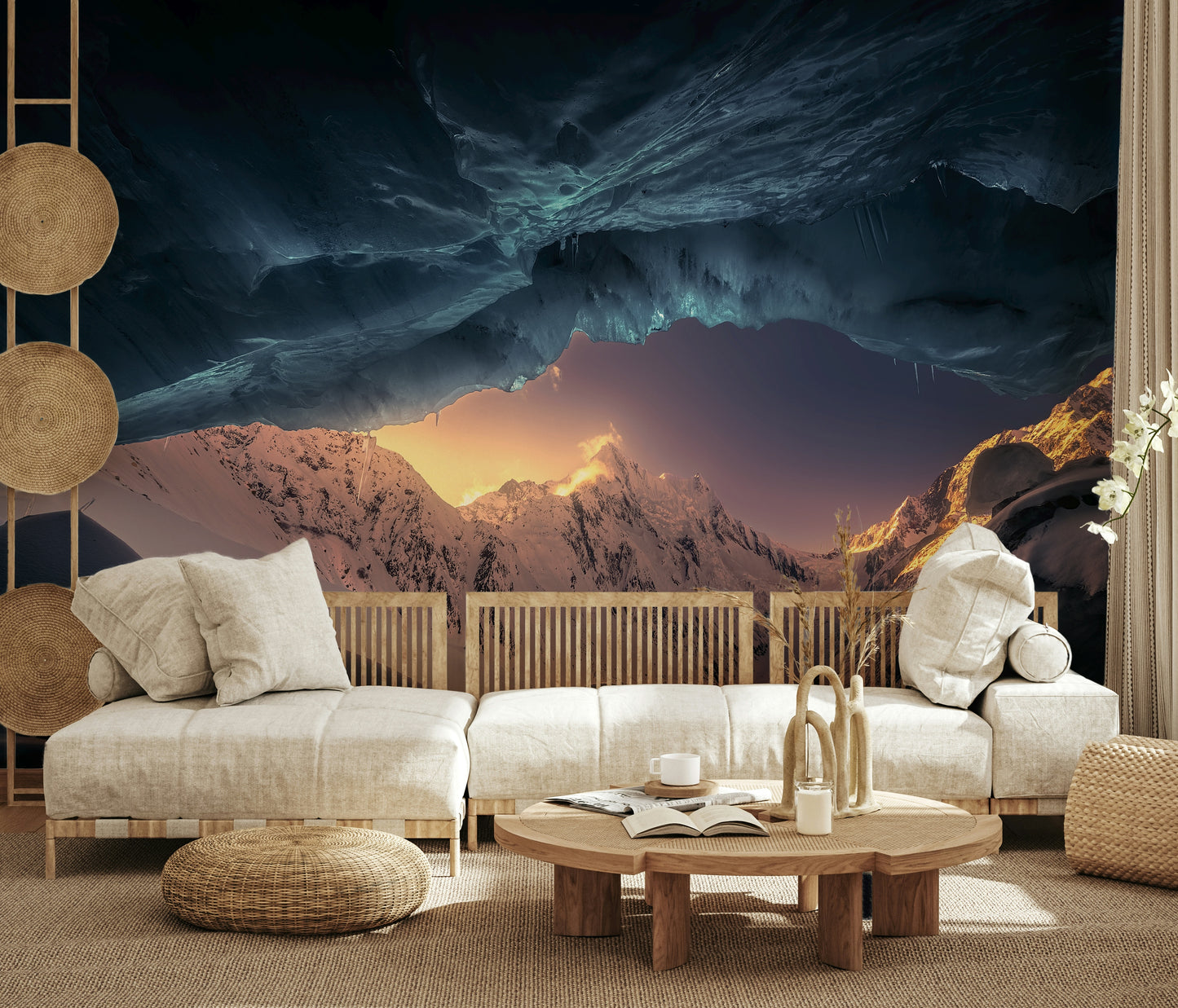 A beautiful wide-angle wall mural of a serene landscape.