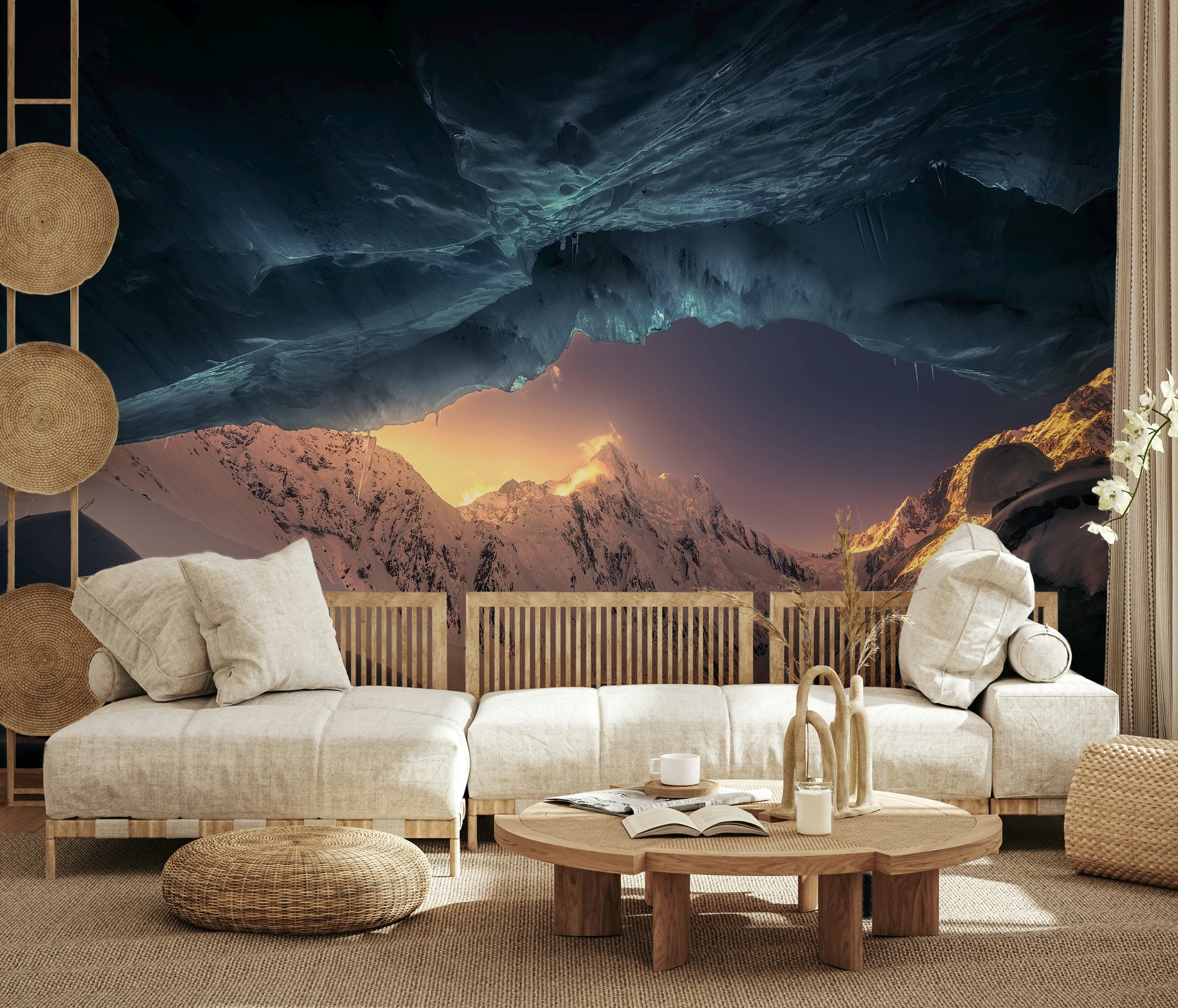 A beautiful wide-angle wall mural of a serene landscape.