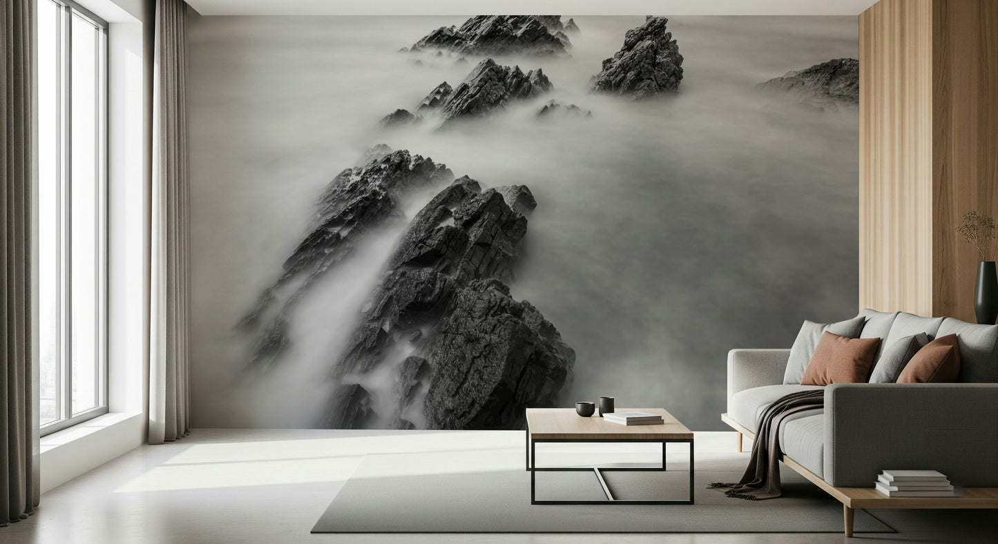 A graceful subtle light wall mural in cool, natural tones.