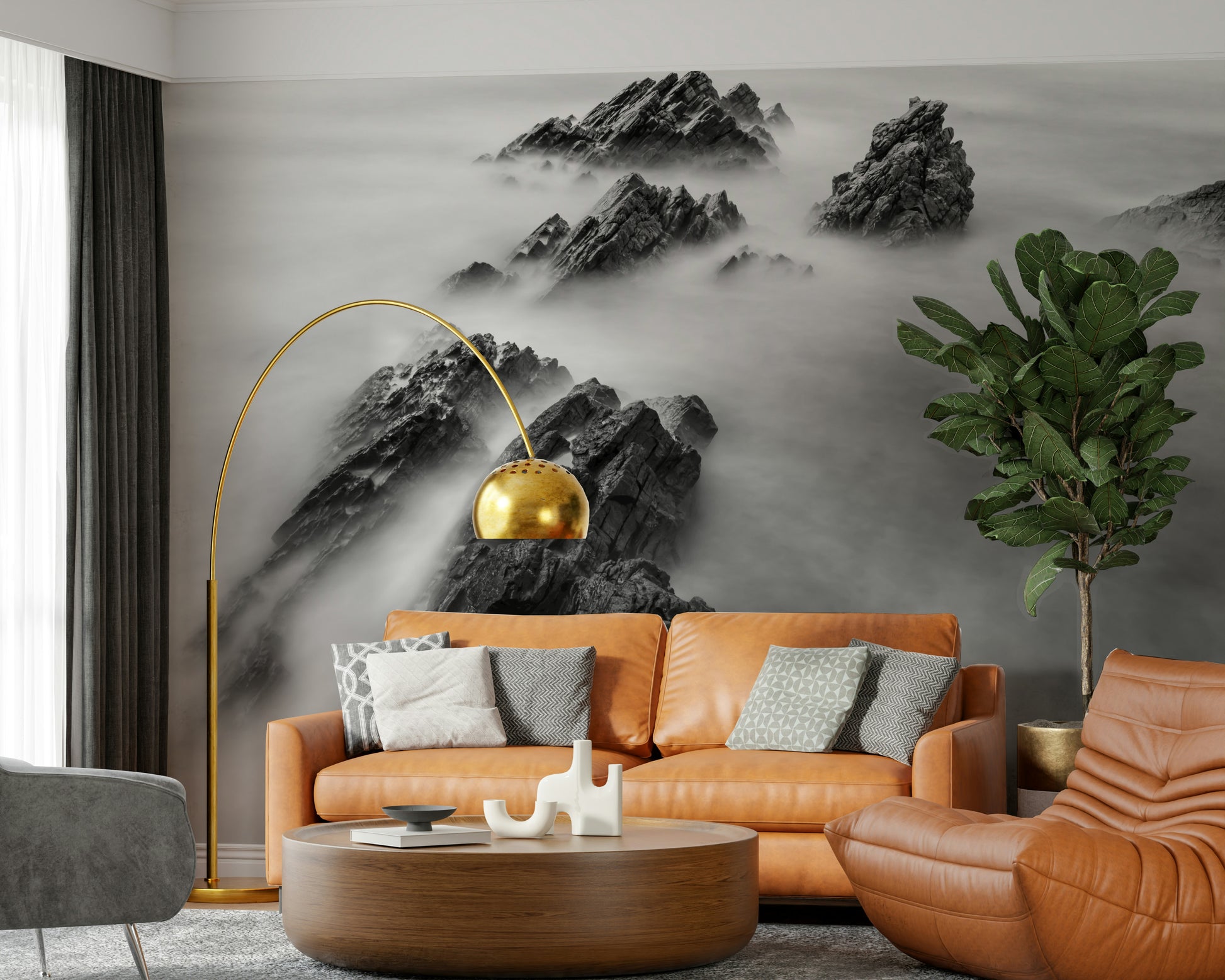 A peaceful open vista mural on decorative wallpaper.