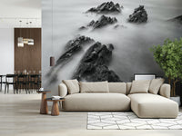 A beautiful ethereal mountain wallpaper mural with soft, misty crags.
