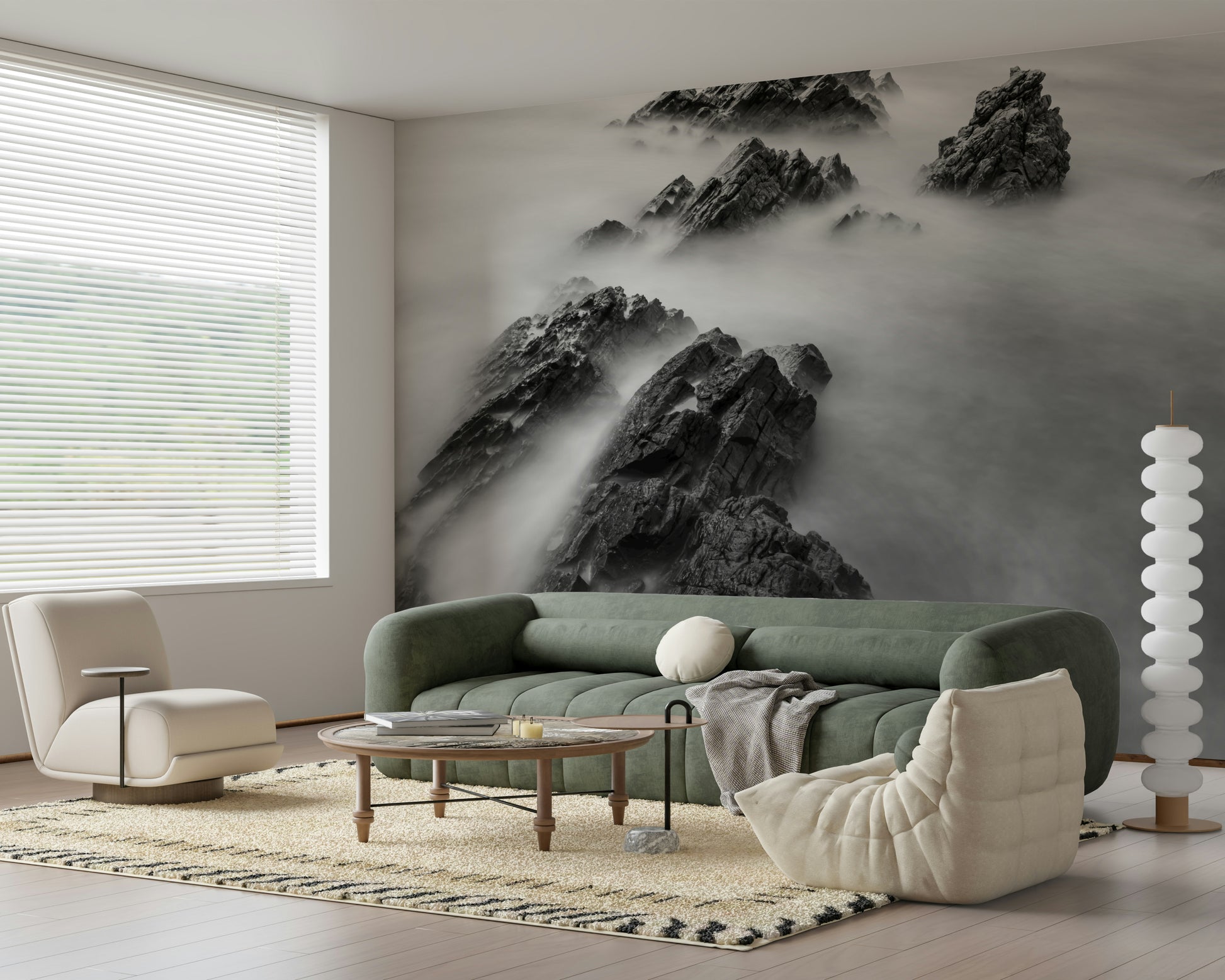 A contemplative gentle mountain wallpaper mural for a feature wall.