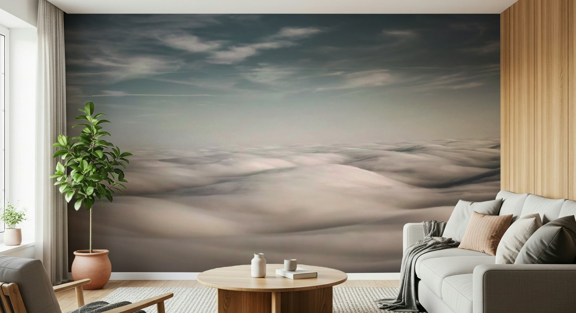 An artistic soft focus mural on minimalist wallpaper.
