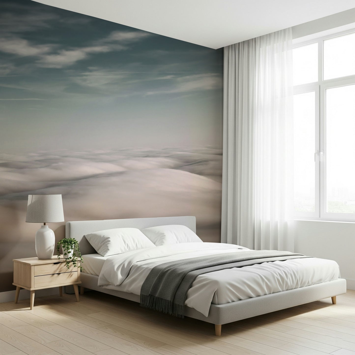 A peaceful modern abstract mural on decorative wallpaper.