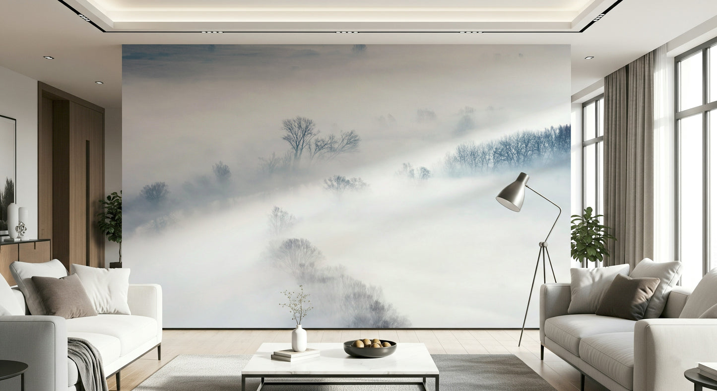 A calming serene forest wallpaper mural that defines a space.