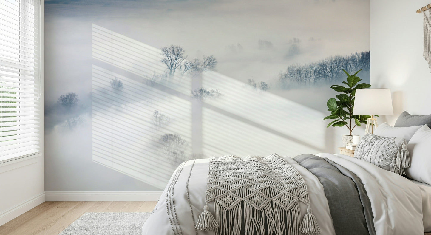 A beautiful wide-angle wall mural of a misty wood.