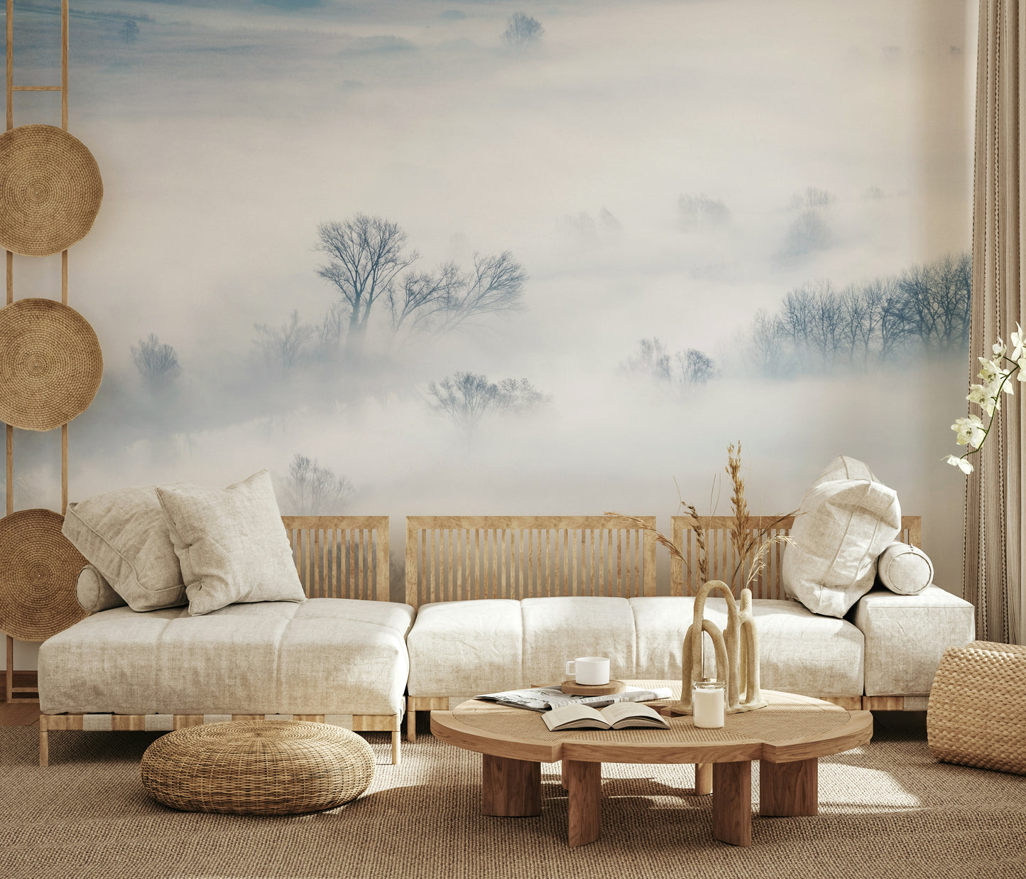 A graceful subtle light wall mural in cool, natural tones.