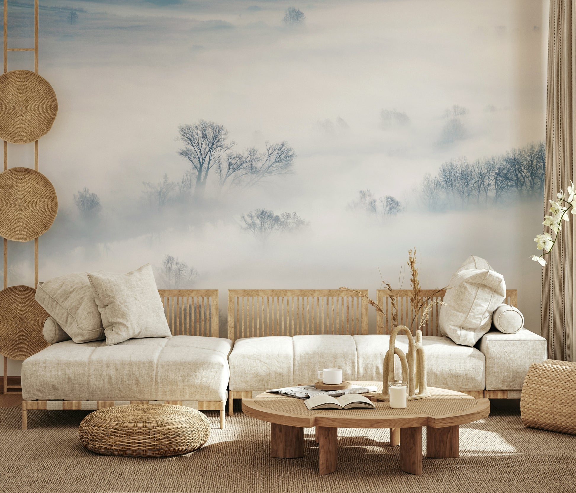 A graceful subtle light wall mural in cool, natural tones.