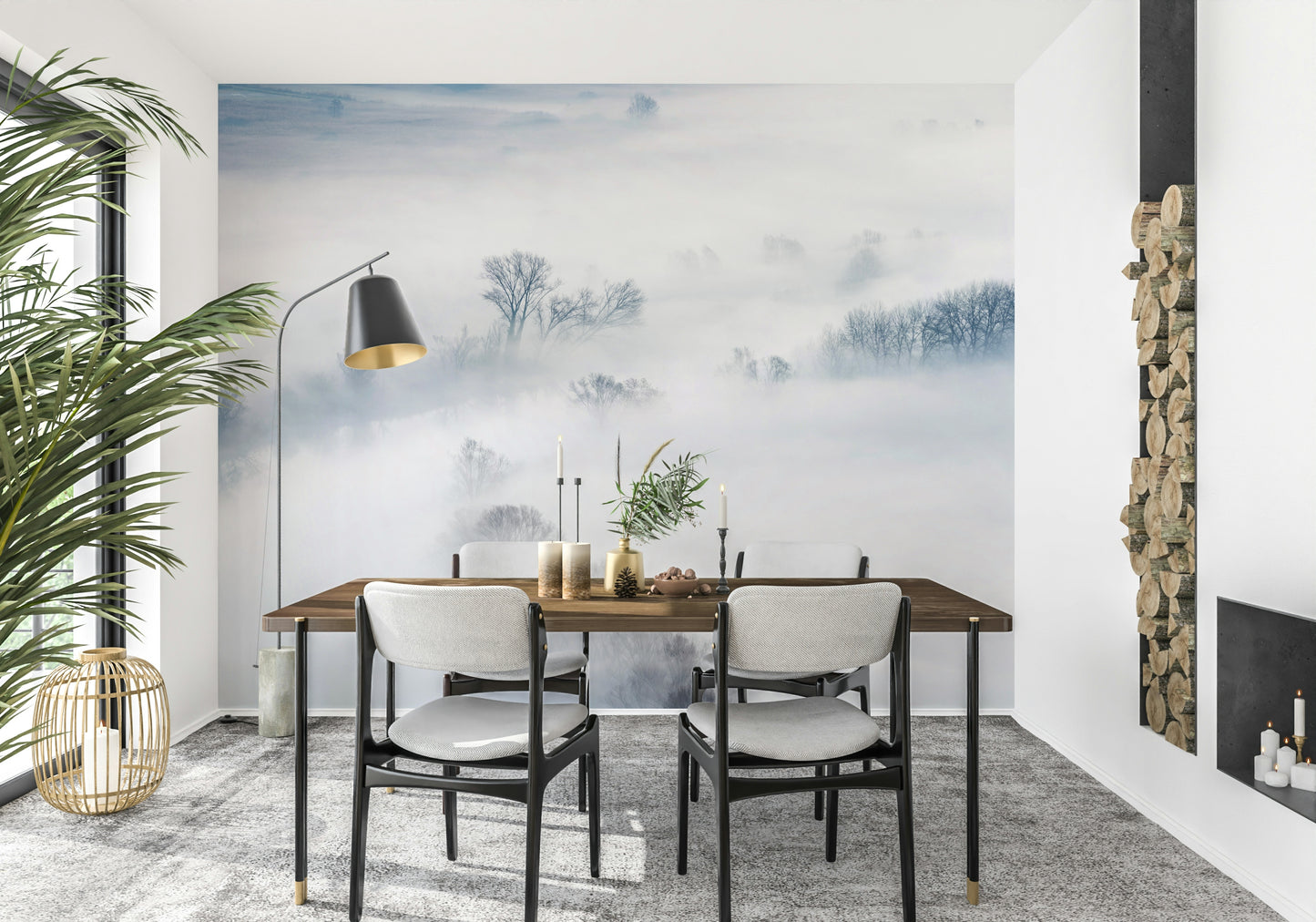 A peaceful woodland vista mural on decorative wallpaper.