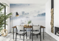 A peaceful woodland vista mural on decorative wallpaper.