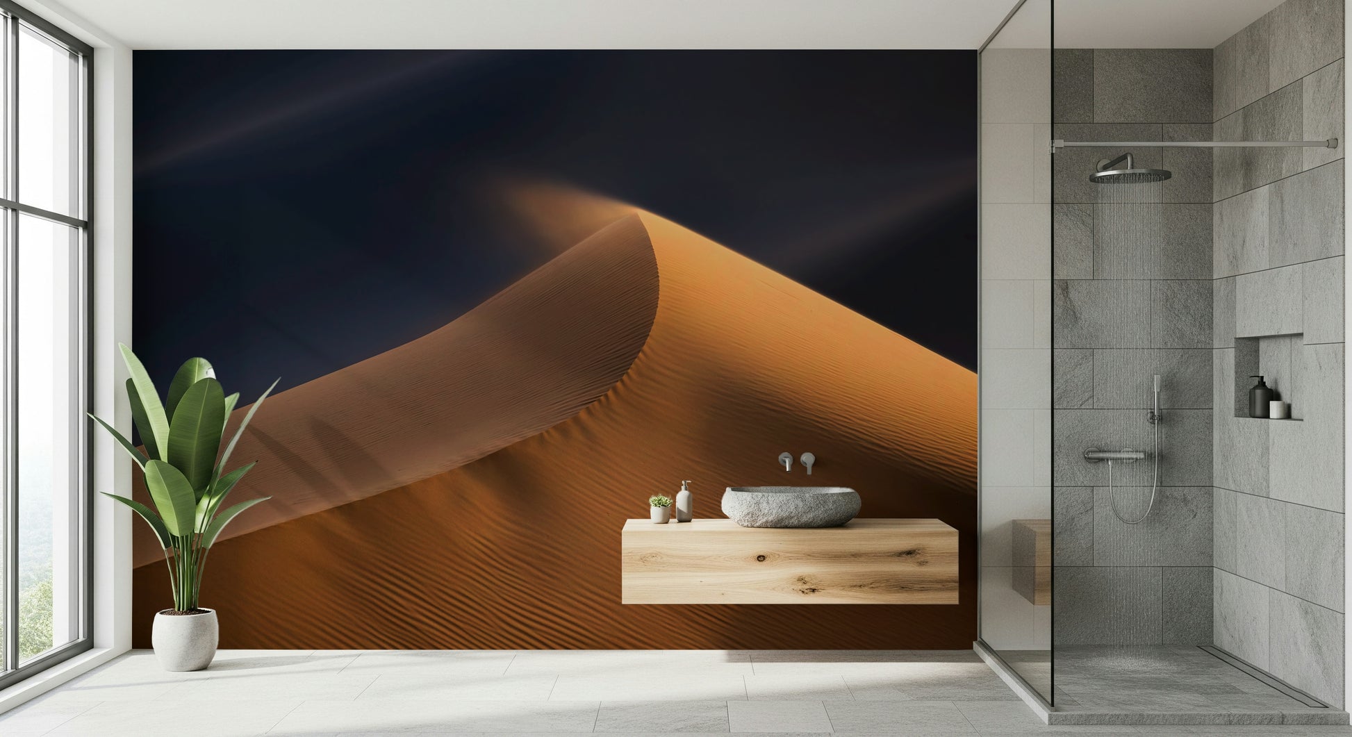 A peaceful open country mural on decorative wallpaper.