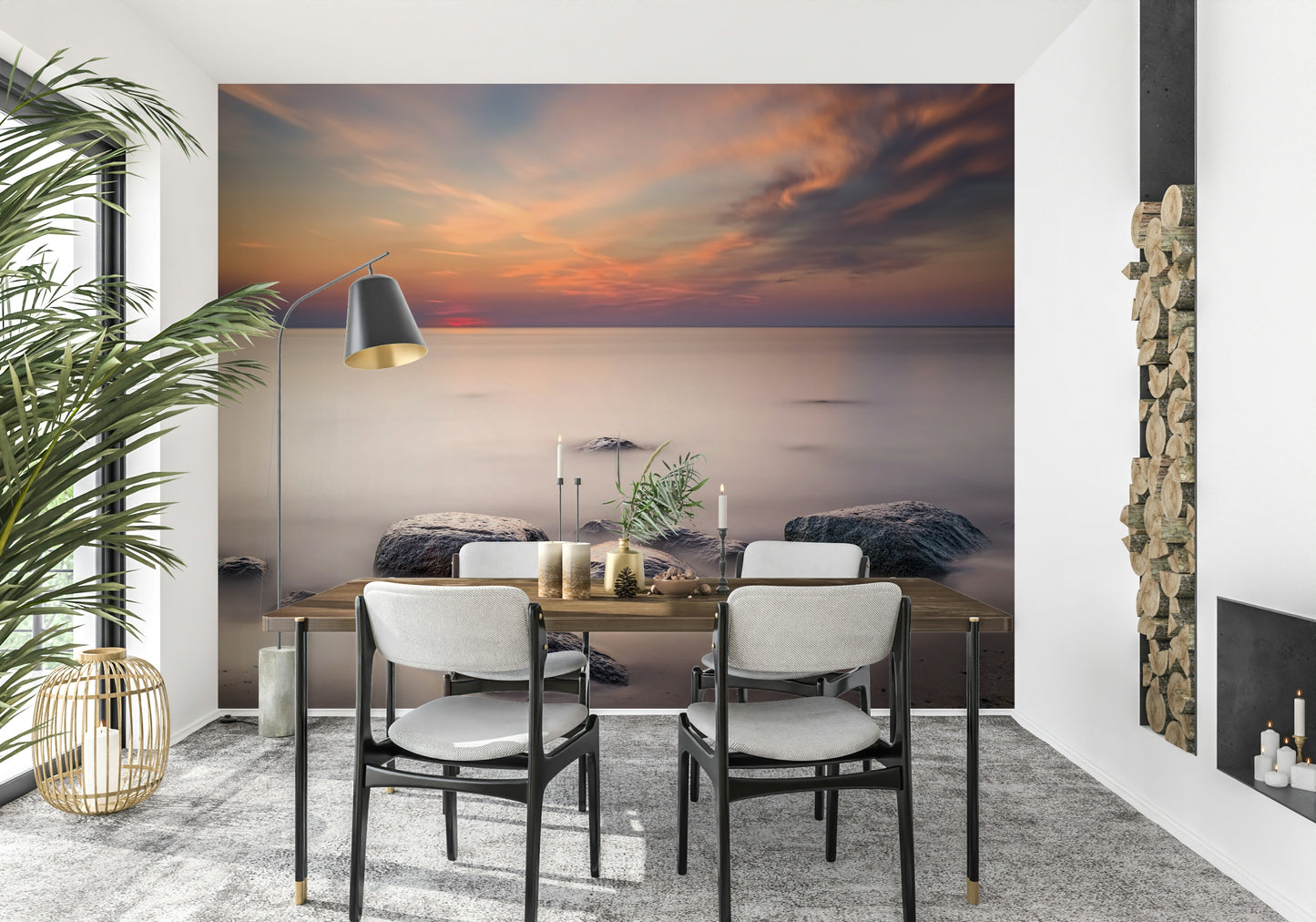 A beautiful abstract shoreline wallpaper mural with subtle, tranquil lines.
