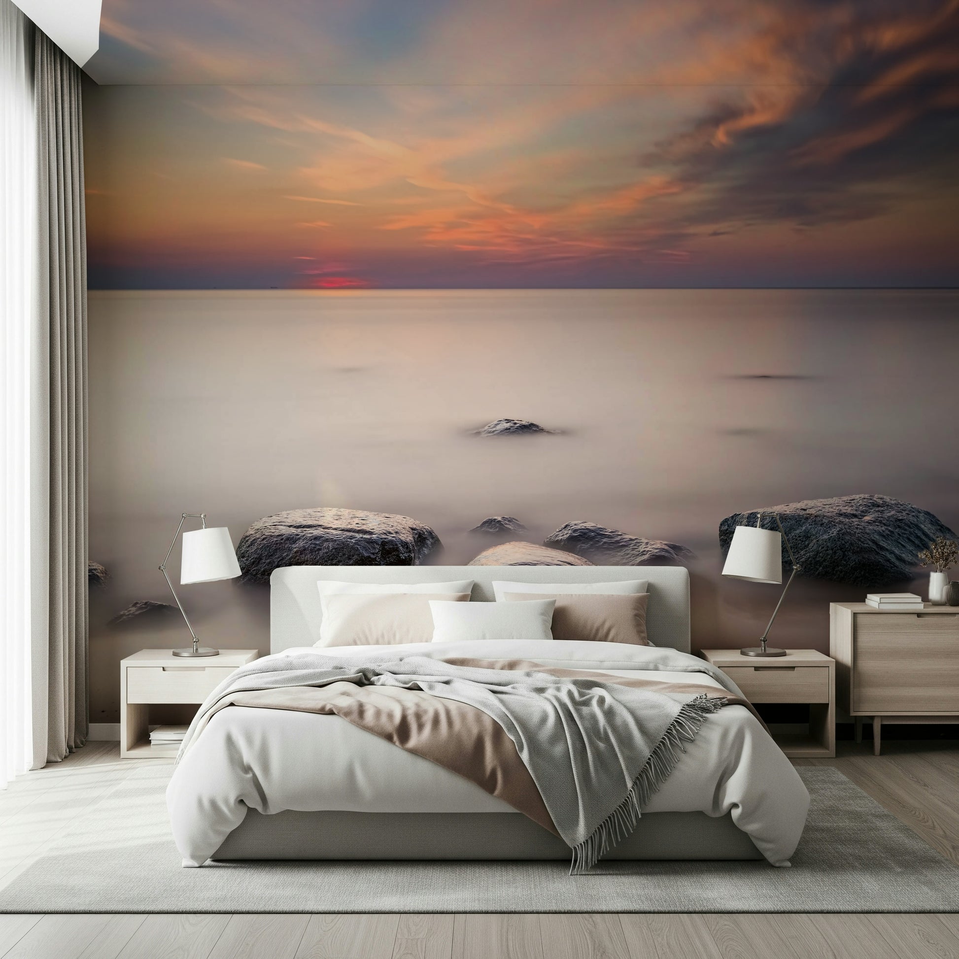 A peaceful modern abstract mural on decorative wallpaper.